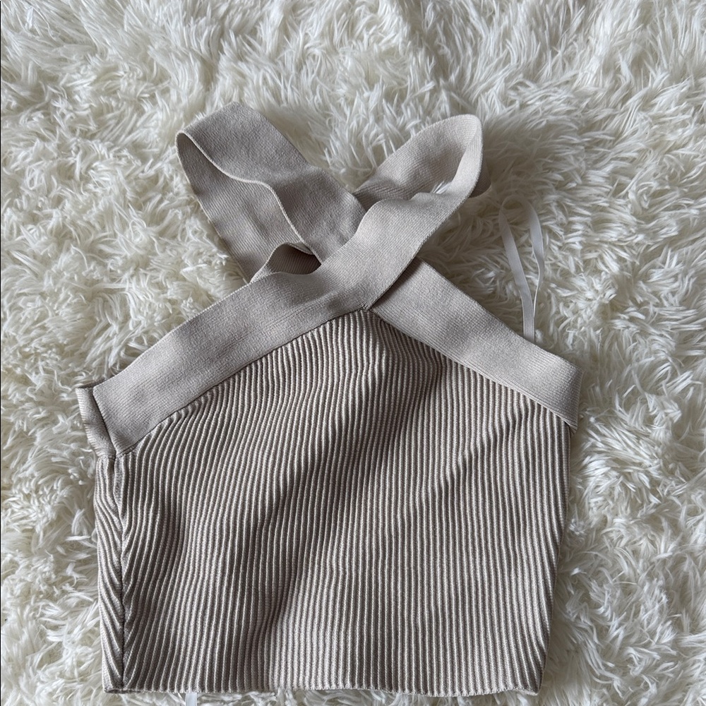 Babaton Taupe Ribbed Cross-Strap Crop Cami